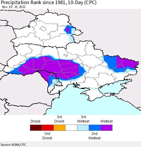 Ukraine, Moldova and Belarus Precipitation Rank 10-Day (CPC) Thematic Map For 11/16/2022 - 11/25/2022
