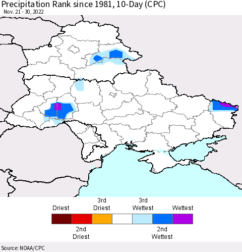 Ukraine, Moldova and Belarus Precipitation Rank 10-Day (CPC) Thematic Map For 11/21/2022 - 11/30/2022