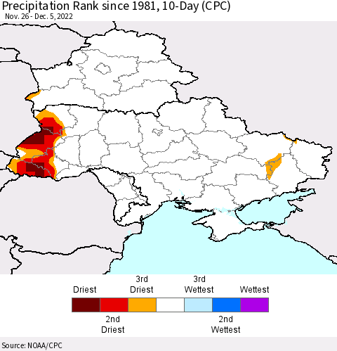 Ukraine, Moldova and Belarus Precipitation Rank since 1981, 10-Day (CPC) Thematic Map For 11/26/2022 - 12/5/2022