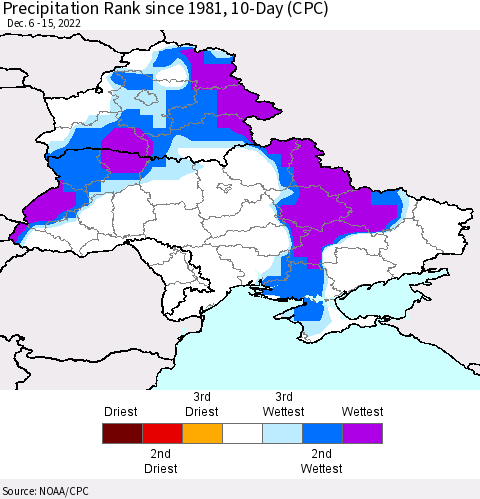 Ukraine, Moldova and Belarus Precipitation Rank since 1981, 10-Day (CPC) Thematic Map For 12/6/2022 - 12/15/2022
