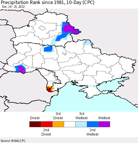 Ukraine, Moldova and Belarus Precipitation Rank 10-Day (CPC) Thematic Map For 12/16/2022 - 12/25/2022