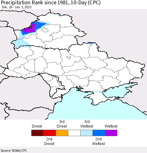 Ukraine, Moldova and Belarus Precipitation Rank 10-Day (CPC) Thematic Map For 12/26/2022 - 1/5/2023