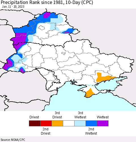 Ukraine, Moldova and Belarus Precipitation Rank 10-Day (CPC) Thematic Map For 1/11/2023 - 1/20/2023