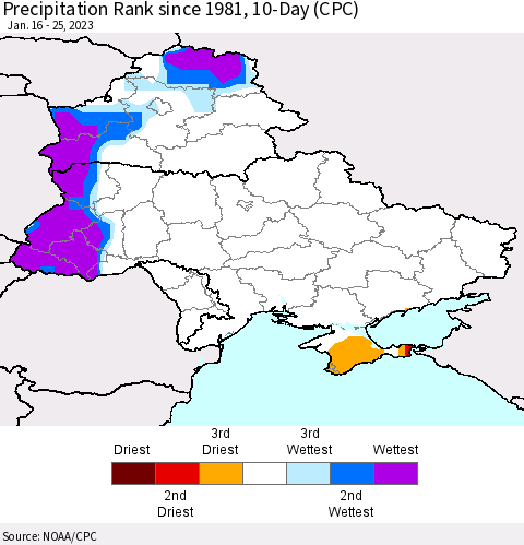 Ukraine, Moldova and Belarus Precipitation Rank 10-Day (CPC) Thematic Map For 1/16/2023 - 1/25/2023