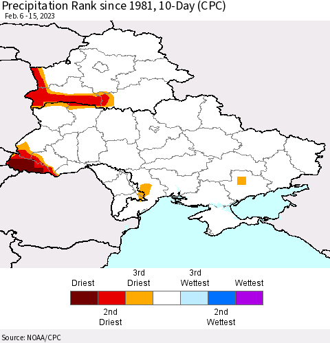Ukraine, Moldova and Belarus Precipitation Rank since 1981, 10-Day (CPC) Thematic Map For 2/6/2023 - 2/15/2023