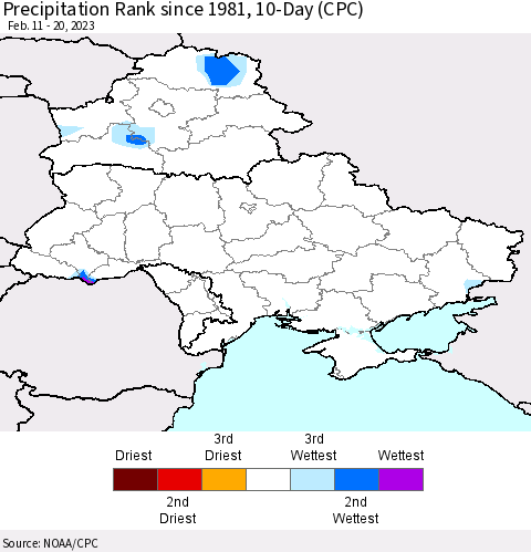 Ukraine, Moldova and Belarus Precipitation Rank since 1981, 10-Day (CPC) Thematic Map For 2/11/2023 - 2/20/2023