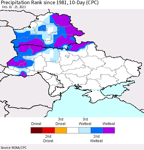 Ukraine, Moldova and Belarus Precipitation Rank since 1981, 10-Day (CPC) Thematic Map For 2/16/2023 - 2/25/2023