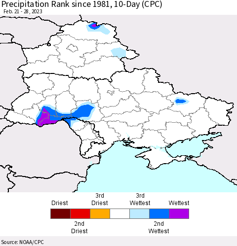 Ukraine, Moldova and Belarus Precipitation Rank since 1981, 10-Day (CPC) Thematic Map For 2/21/2023 - 2/28/2023