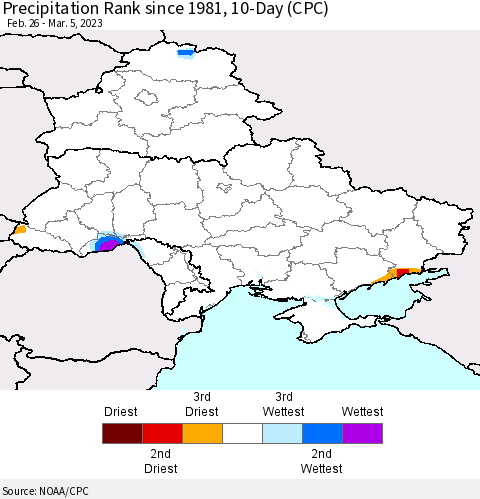 Ukraine, Moldova and Belarus Precipitation Rank since 1981, 10-Day (CPC) Thematic Map For 2/26/2023 - 3/5/2023