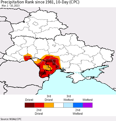 Ukraine, Moldova and Belarus Precipitation Rank since 1981, 10-Day (CPC) Thematic Map For 3/1/2023 - 3/10/2023