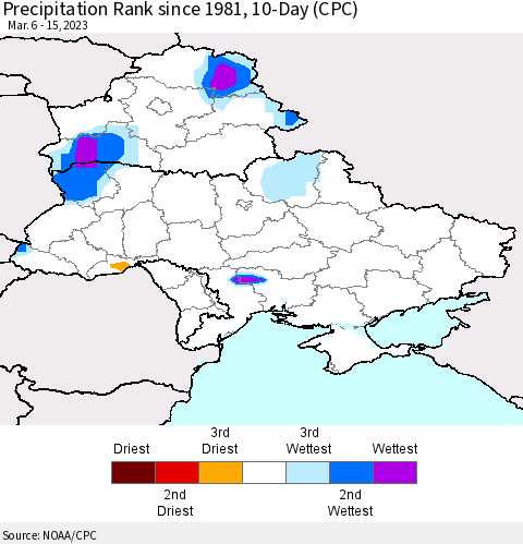 Ukraine, Moldova and Belarus Precipitation Rank since 1981, 10-Day (CPC) Thematic Map For 3/6/2023 - 3/15/2023