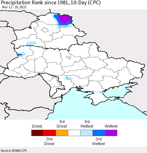 Ukraine, Moldova and Belarus Precipitation Rank since 1981, 10-Day (CPC) Thematic Map For 3/11/2023 - 3/20/2023