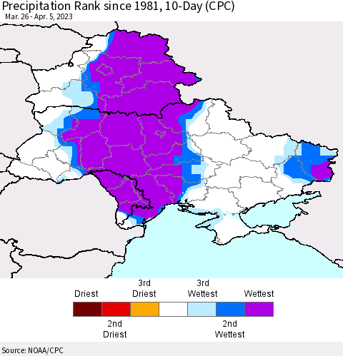 Ukraine, Moldova and Belarus Precipitation Rank since 1981, 10-Day (CPC) Thematic Map For 3/26/2023 - 4/5/2023