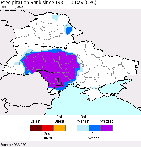 Ukraine, Moldova and Belarus Precipitation Rank since 1981, 10-Day (CPC) Thematic Map For 4/1/2023 - 4/10/2023