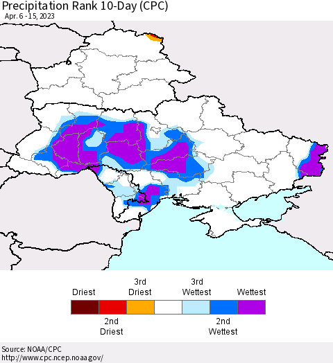 Ukraine, Moldova and Belarus Precipitation Rank since 1981, 10-Day (CPC) Thematic Map For 4/6/2023 - 4/15/2023