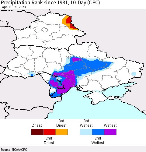 Ukraine, Moldova and Belarus Precipitation Rank since 1981, 10-Day (CPC) Thematic Map For 4/11/2023 - 4/20/2023