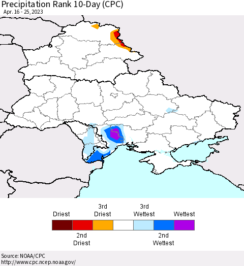 Ukraine, Moldova and Belarus Precipitation Rank since 1981, 10-Day (CPC) Thematic Map For 4/16/2023 - 4/25/2023