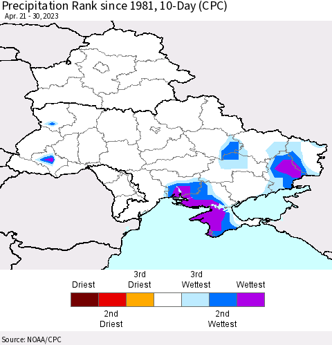 Ukraine, Moldova and Belarus Precipitation Rank since 1981, 10-Day (CPC) Thematic Map For 4/21/2023 - 4/30/2023