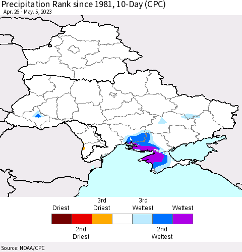 Ukraine, Moldova and Belarus Precipitation Rank since 1981, 10-Day (CPC) Thematic Map For 4/26/2023 - 5/5/2023