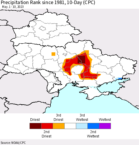 Ukraine, Moldova and Belarus Precipitation Rank since 1981, 10-Day (CPC) Thematic Map For 5/1/2023 - 5/10/2023