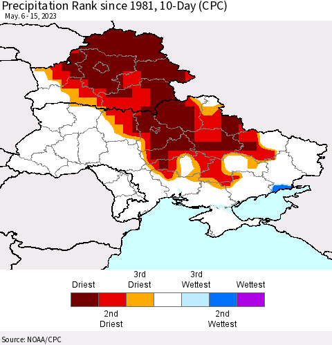 Ukraine, Moldova and Belarus Precipitation Rank since 1981, 10-Day (CPC) Thematic Map For 5/6/2023 - 5/15/2023