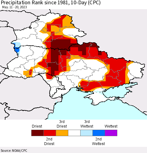 Ukraine, Moldova and Belarus Precipitation Rank since 1981, 10-Day (CPC) Thematic Map For 5/11/2023 - 5/20/2023