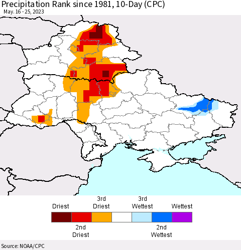 Ukraine, Moldova and Belarus Precipitation Rank since 1981, 10-Day (CPC) Thematic Map For 5/16/2023 - 5/25/2023