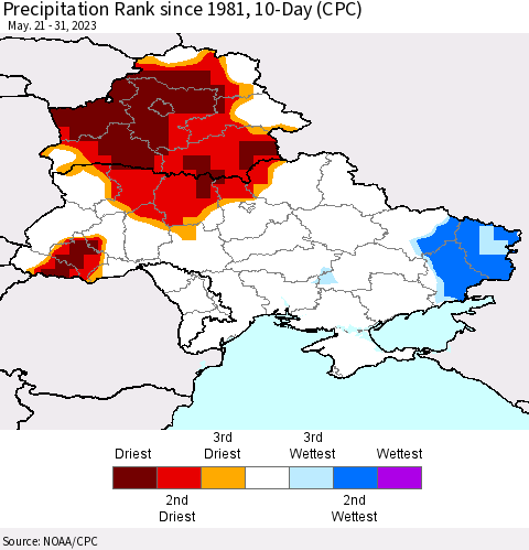 Ukraine, Moldova and Belarus Precipitation Rank since 1981, 10-Day (CPC) Thematic Map For 5/21/2023 - 5/31/2023