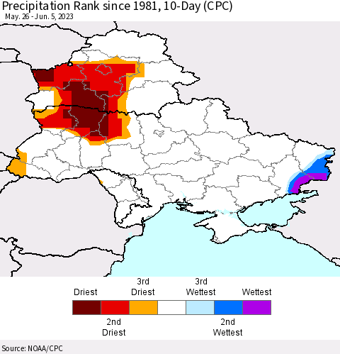 Ukraine, Moldova and Belarus Precipitation Rank since 1981, 10-Day (CPC) Thematic Map For 5/26/2023 - 6/5/2023
