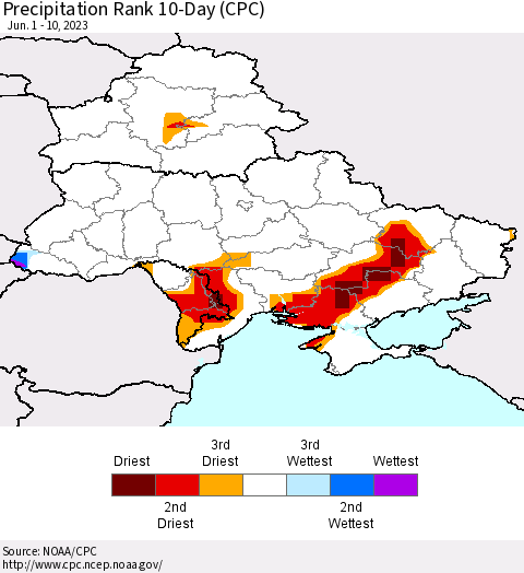 Ukraine, Moldova and Belarus Precipitation Rank since 1981, 10-Day (CPC) Thematic Map For 6/1/2023 - 6/10/2023