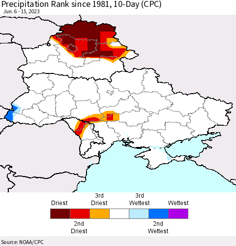 Ukraine, Moldova and Belarus Precipitation Rank since 1981, 10-Day (CPC) Thematic Map For 6/6/2023 - 6/15/2023