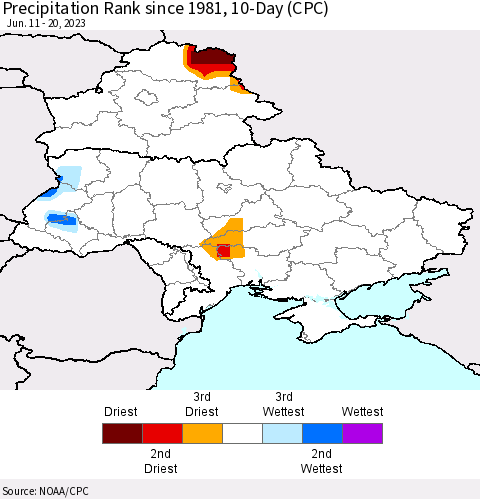 Ukraine, Moldova and Belarus Precipitation Rank since 1981, 10-Day (CPC) Thematic Map For 6/11/2023 - 6/20/2023