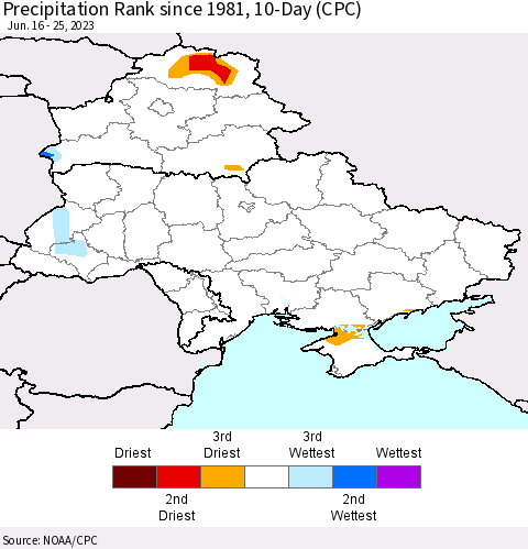 Ukraine, Moldova and Belarus Precipitation Rank since 1981, 10-Day (CPC) Thematic Map For 6/16/2023 - 6/25/2023