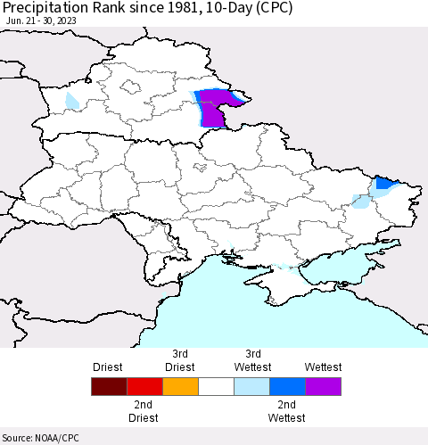 Ukraine, Moldova and Belarus Precipitation Rank since 1981, 10-Day (CPC) Thematic Map For 6/21/2023 - 6/30/2023