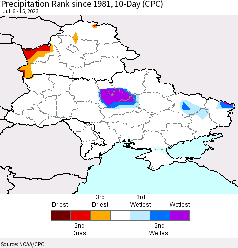 Ukraine, Moldova and Belarus Precipitation Rank since 1981, 10-Day (CPC) Thematic Map For 7/6/2023 - 7/15/2023