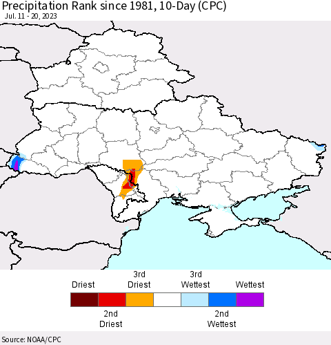 Ukraine, Moldova and Belarus Precipitation Rank since 1981, 10-Day (CPC) Thematic Map For 7/11/2023 - 7/20/2023