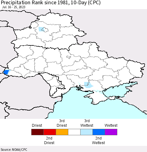 Ukraine, Moldova and Belarus Precipitation Rank since 1981, 10-Day (CPC) Thematic Map For 7/16/2023 - 7/25/2023