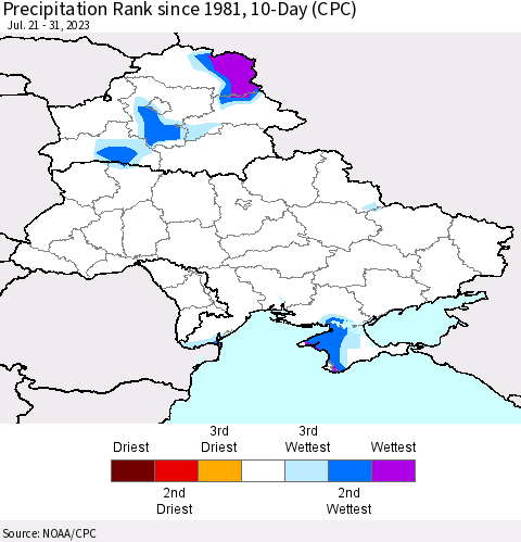 Ukraine, Moldova and Belarus Precipitation Rank since 1981, 10-Day (CPC) Thematic Map For 7/21/2023 - 7/31/2023