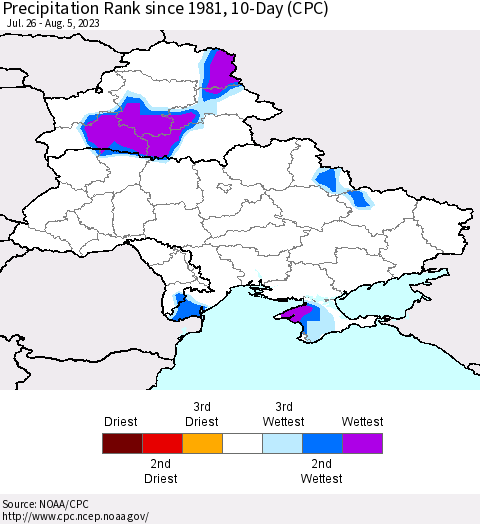 Ukraine, Moldova and Belarus Precipitation Rank since 1981, 10-Day (CPC) Thematic Map For 7/26/2023 - 8/5/2023