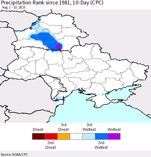 Ukraine, Moldova and Belarus Precipitation Rank since 1981, 10-Day (CPC) Thematic Map For 8/1/2023 - 8/10/2023