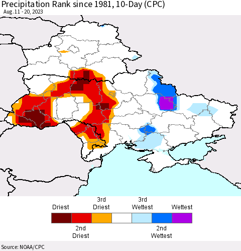 Ukraine, Moldova and Belarus Precipitation Rank since 1981, 10-Day (CPC) Thematic Map For 8/11/2023 - 8/20/2023
