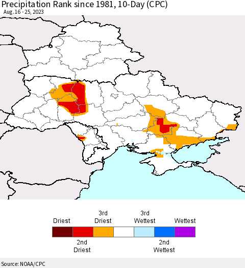 Ukraine, Moldova and Belarus Precipitation Rank since 1981, 10-Day (CPC) Thematic Map For 8/16/2023 - 8/25/2023