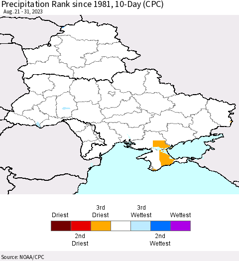 Ukraine, Moldova and Belarus Precipitation Rank since 1981, 10-Day (CPC) Thematic Map For 8/21/2023 - 8/31/2023