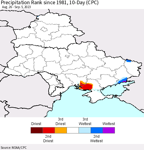 Ukraine, Moldova and Belarus Precipitation Rank since 1981, 10-Day (CPC) Thematic Map For 8/26/2023 - 9/5/2023