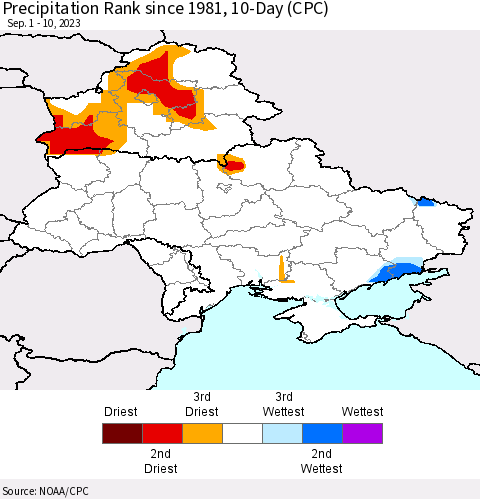 Ukraine, Moldova and Belarus Precipitation Rank since 1981, 10-Day (CPC) Thematic Map For 9/1/2023 - 9/10/2023