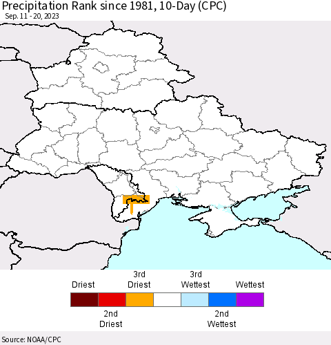 Ukraine, Moldova and Belarus Precipitation Rank since 1981, 10-Day (CPC) Thematic Map For 9/11/2023 - 9/20/2023