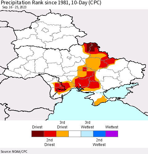 Ukraine, Moldova and Belarus Precipitation Rank since 1981, 10-Day (CPC) Thematic Map For 9/16/2023 - 9/25/2023