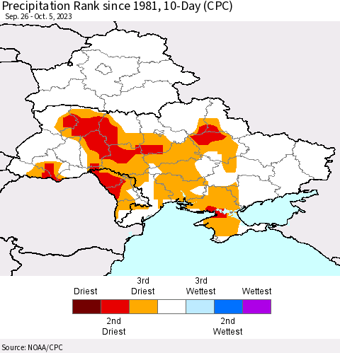 Ukraine, Moldova and Belarus Precipitation Rank since 1981, 10-Day (CPC) Thematic Map For 9/26/2023 - 10/5/2023