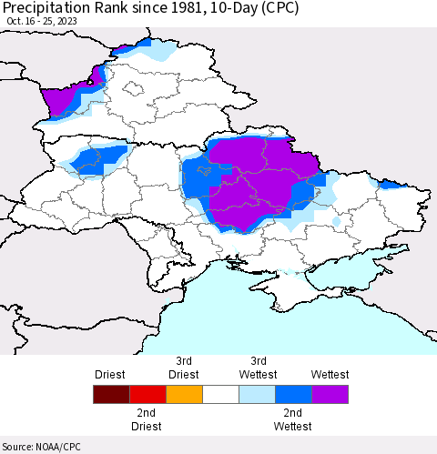 Ukraine, Moldova and Belarus Precipitation Rank since 1981, 10-Day (CPC) Thematic Map For 10/16/2023 - 10/25/2023