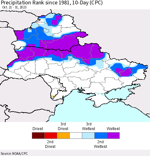 Ukraine, Moldova and Belarus Precipitation Rank since 1981, 10-Day (CPC) Thematic Map For 10/21/2023 - 10/31/2023